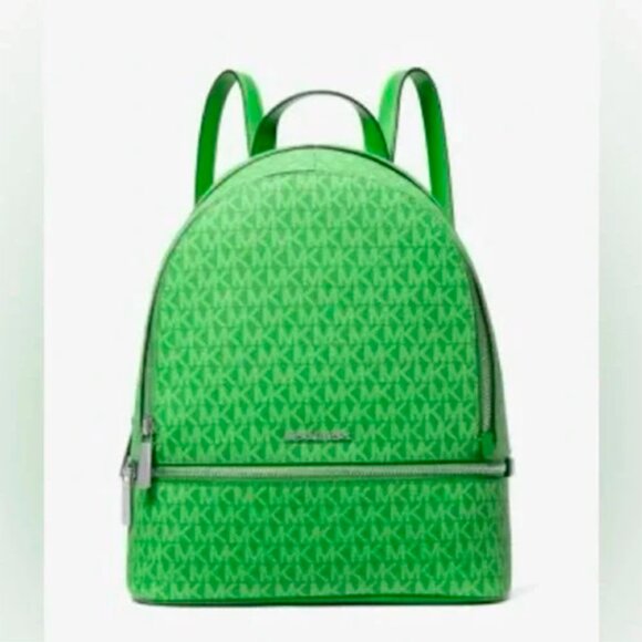 S Michael Kors Rhea Medium Zip Green Logo Backpack 35S5SRAB2V NWT $498 Retail